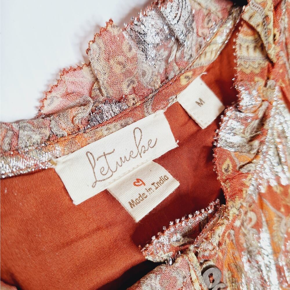 Anthropologie Let Me Be Vanna Shimmer Paisley Top Flutter Sleeve Pleated Medium - Picture 4 of 11